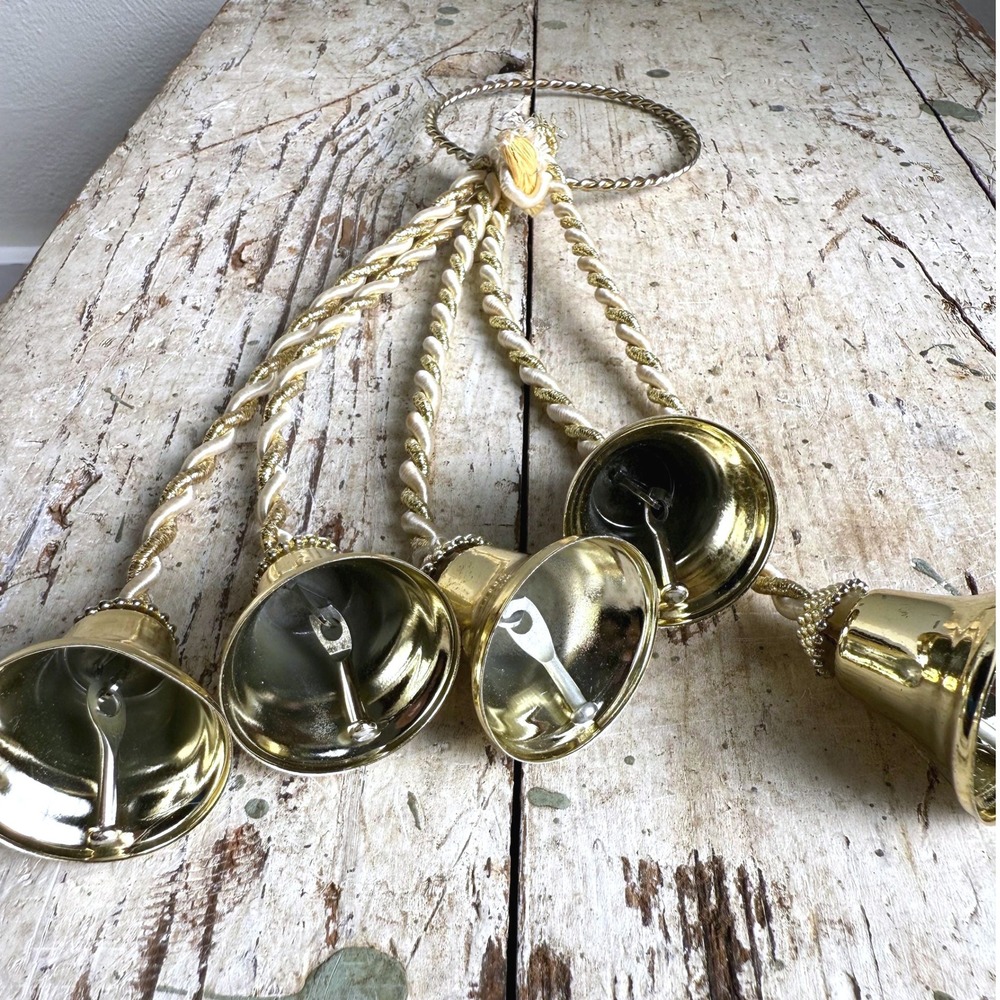 Brass Bell Door Knocker Set of 5 White & Gold Braided Rope